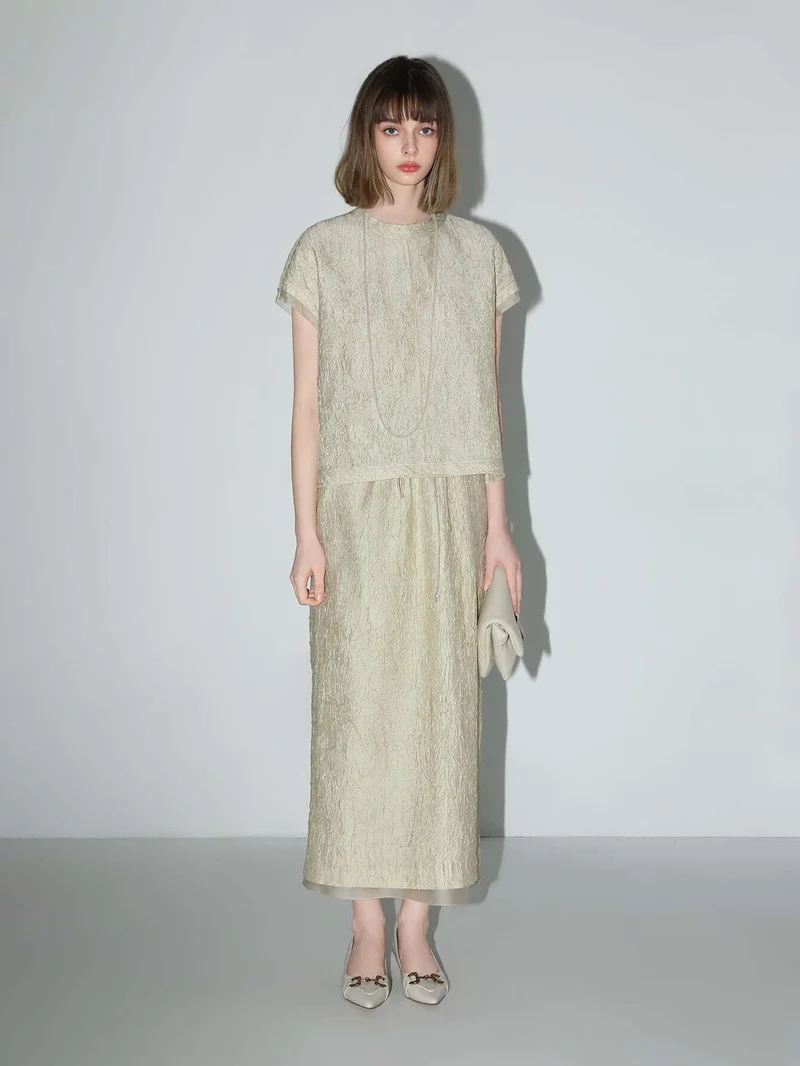 Luxe Contrast Champagne Silk Textured Satin Midi Skirt