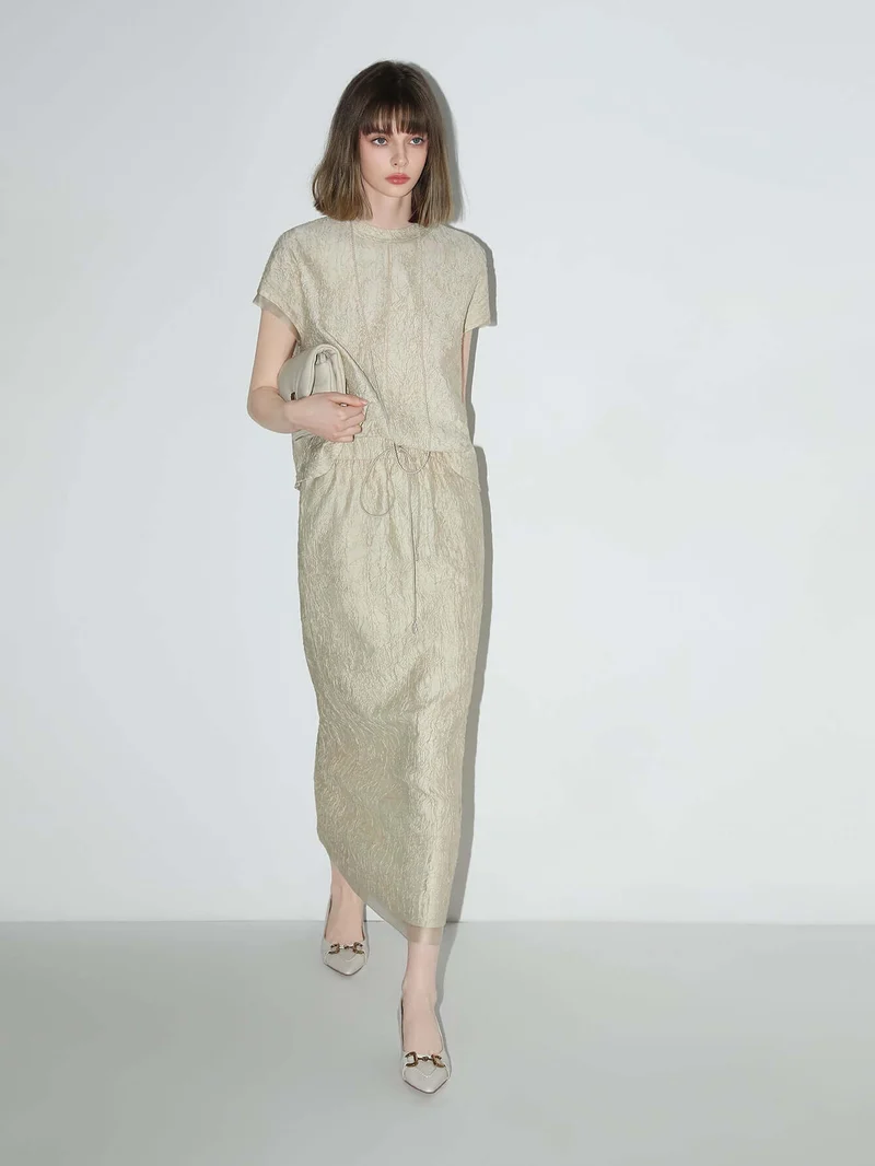 Luxe Contrast Champagne Silk Textured Satin Midi Skirt