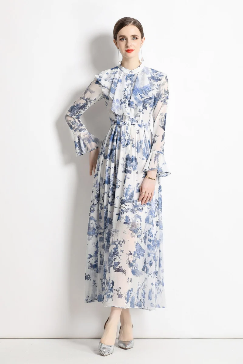 Porcelain Blue Floral Slim Fit Long Sleeve Shirt Dress