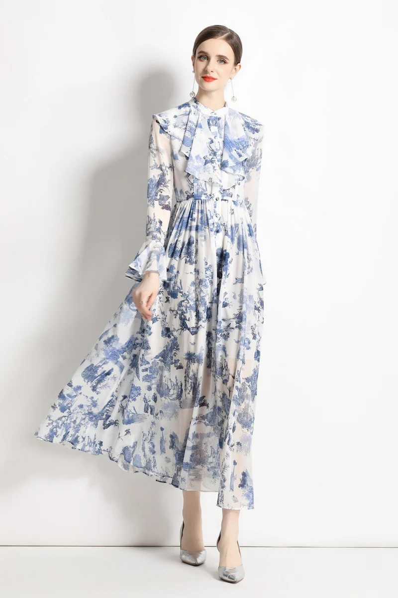 Porcelain Blue Floral Slim Fit Long Sleeve Shirt Dress