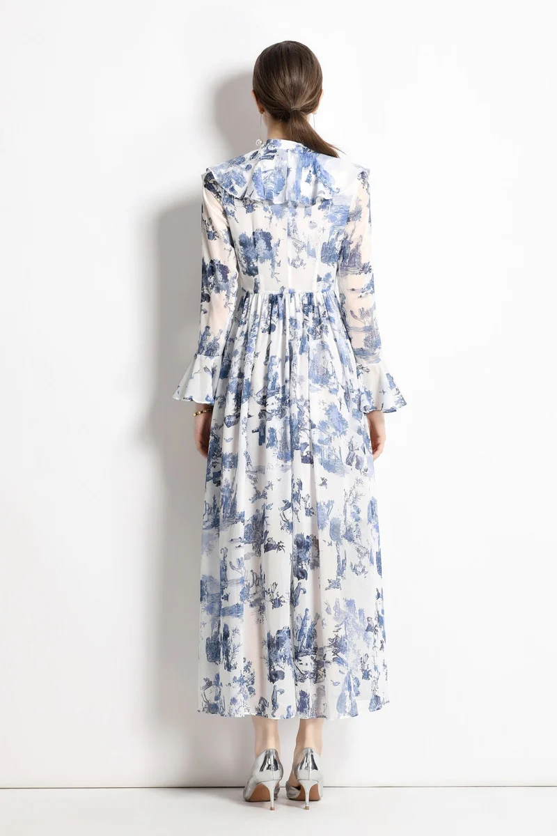 Porcelain Blue Floral Slim Fit Long Sleeve Shirt Dress