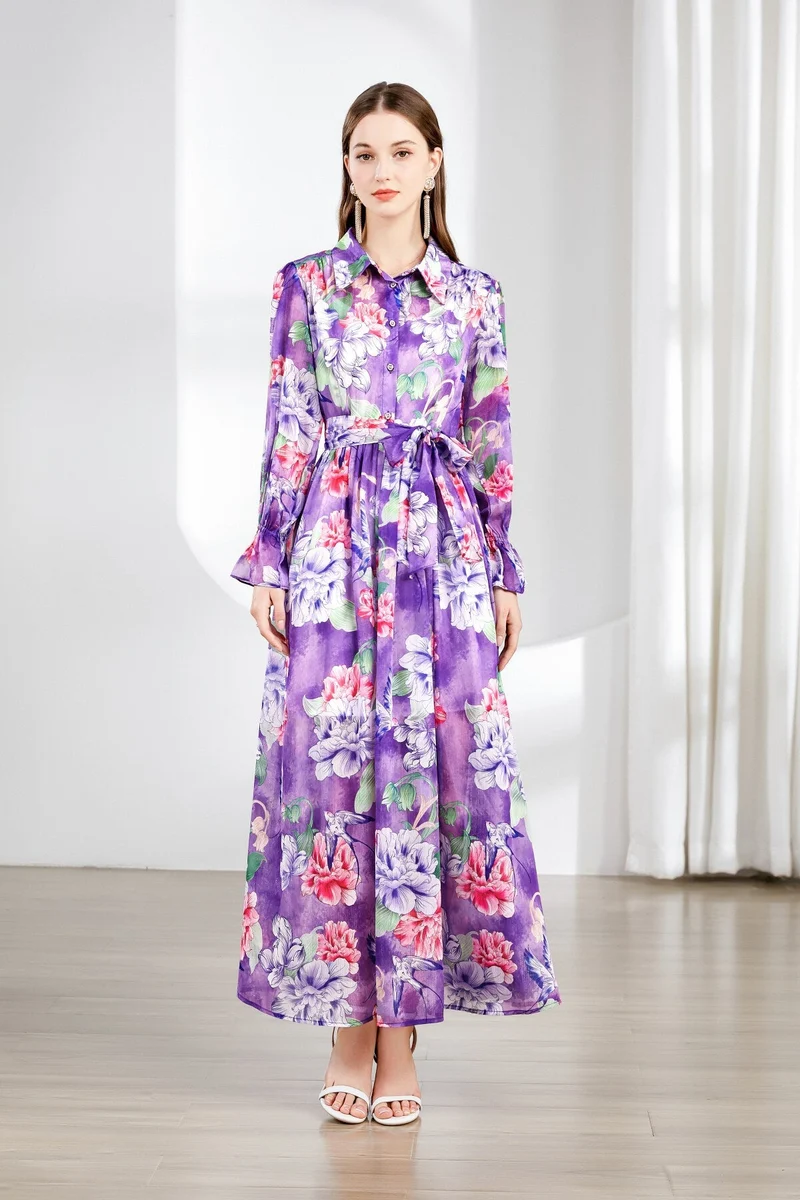 Fragrant Lavender Ruched Waist Ruffle Cuff Long Dress