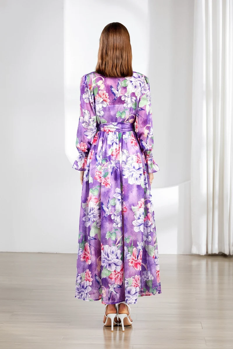 Fragrant Lavender Ruched Waist Ruffle Cuff Long Dress