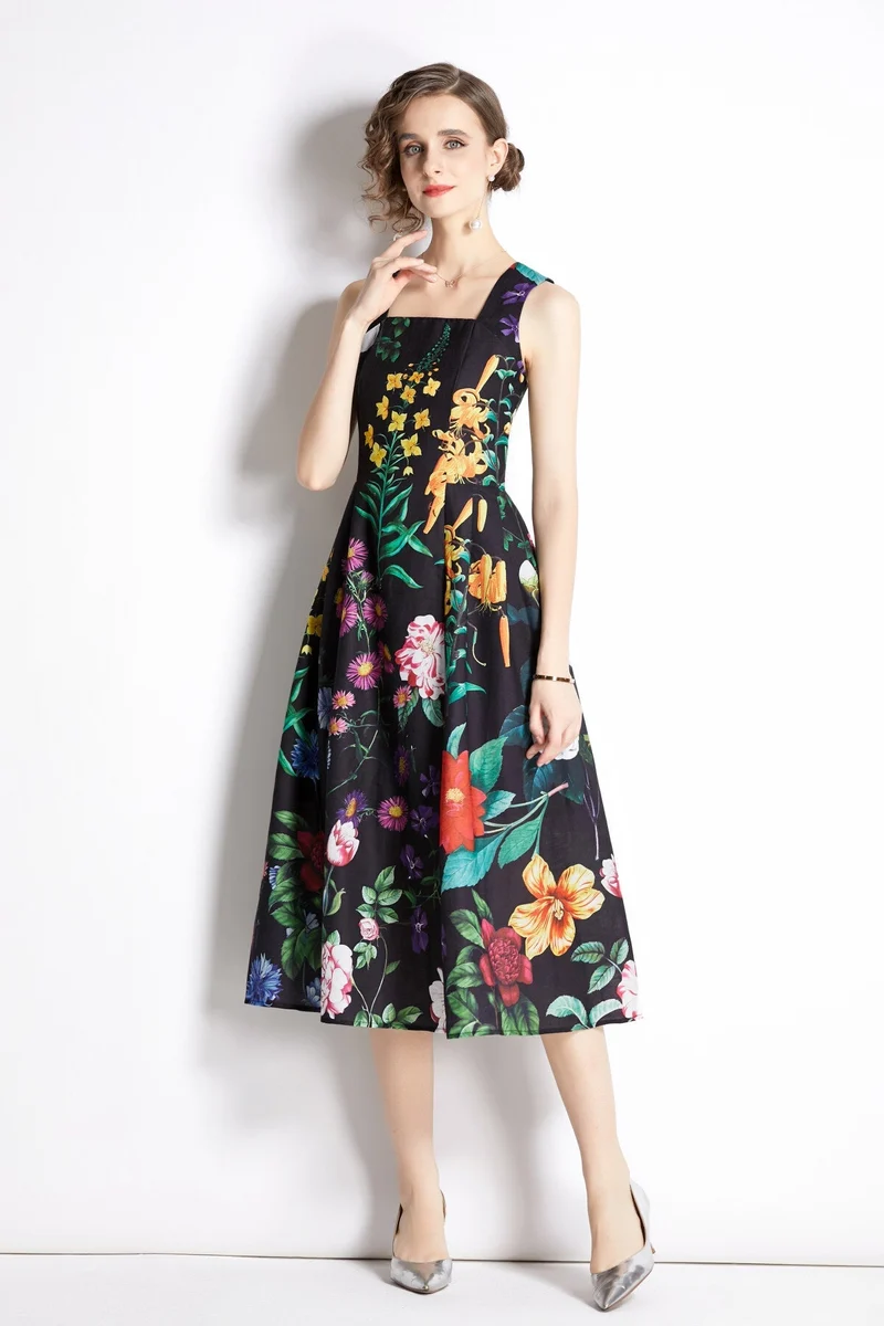 French Vintage Floral Black High Waist Spaghetti Strap Dress
