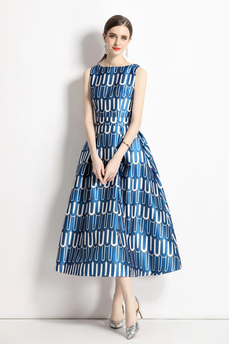 White and Blue Slim Fit A Line Tea Dress