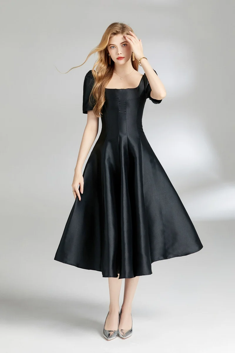 French Square Neck Flared Evening Dress
