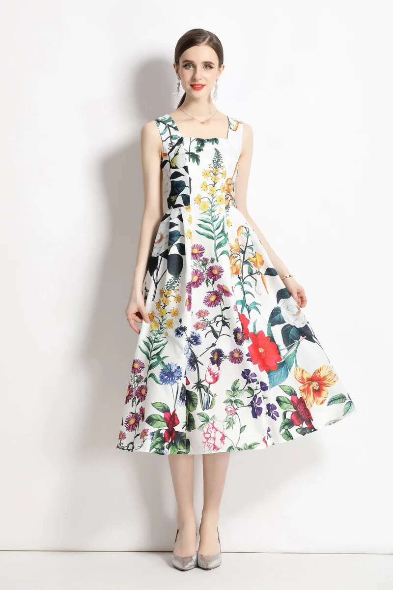 Vintage White Floral High Waisted Thick Strap Dress
