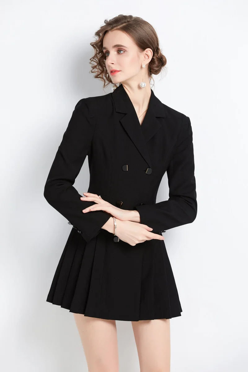 Black Pleated Cocktail Business Blazer Dress
