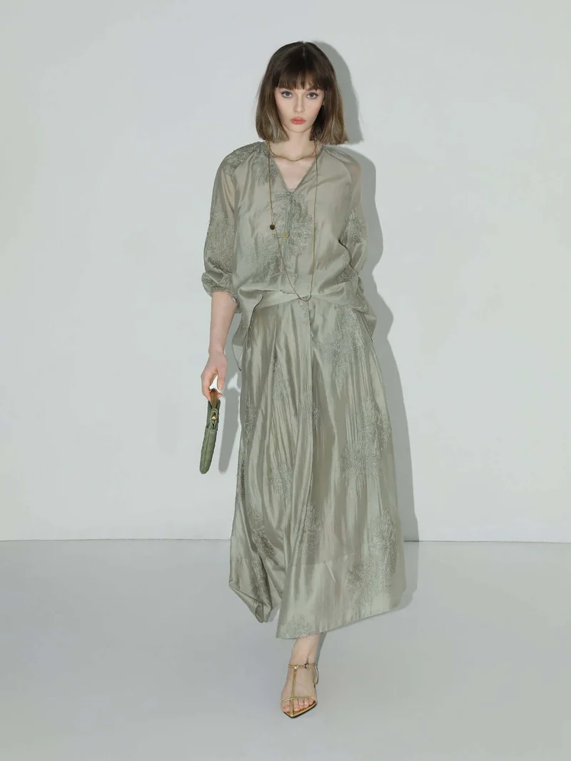 Brocade Button Embroidered Mint Green Kaftan Dress
