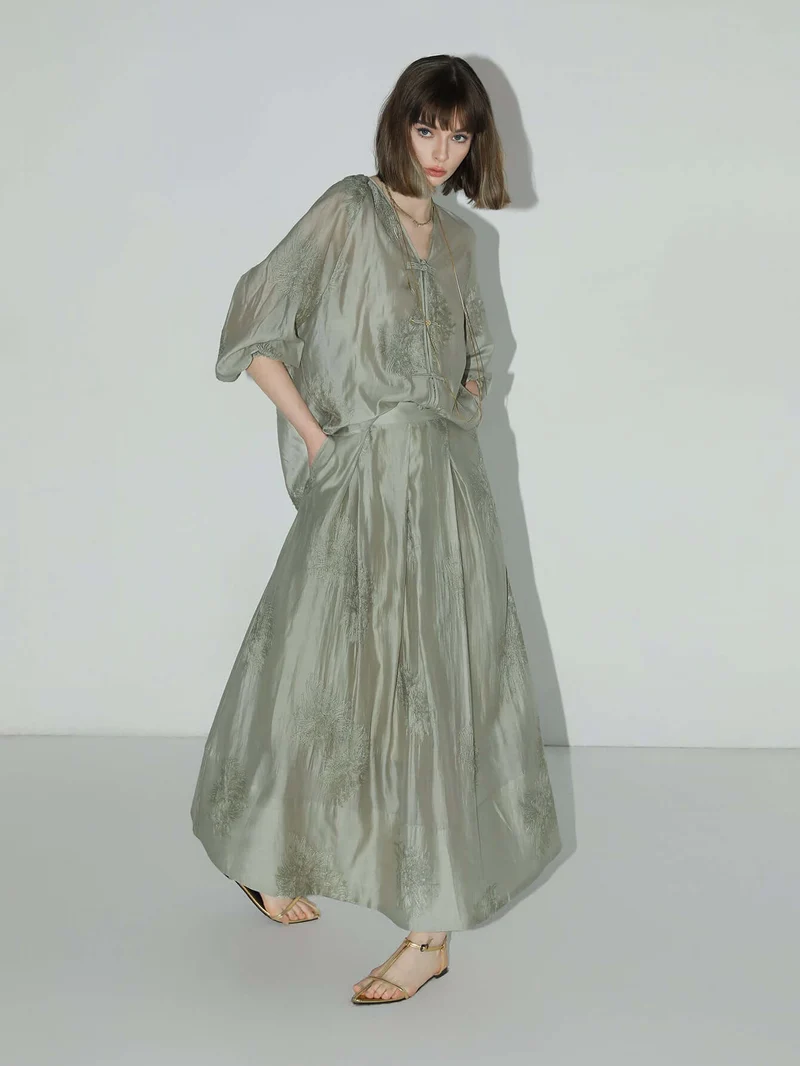 Brocade Button Embroidered Mint Green Kaftan Dress