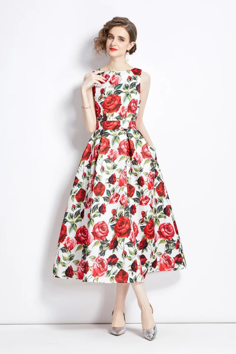 Sleeveless Form Fitting Floral A Line Dress