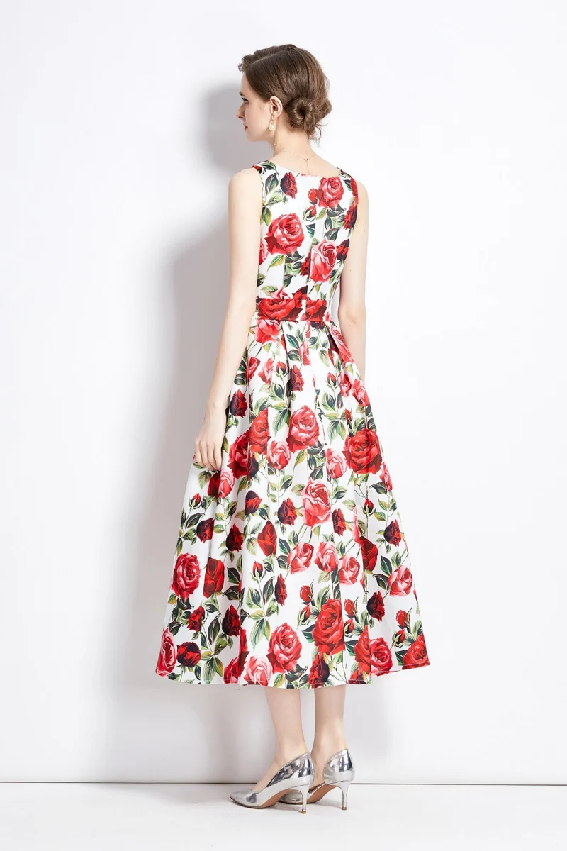 Sleeveless Form Fitting Floral A Line Dress
