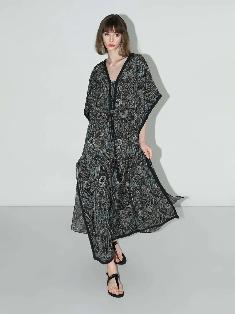 Navy Paisley Batwing Vacation Dress
