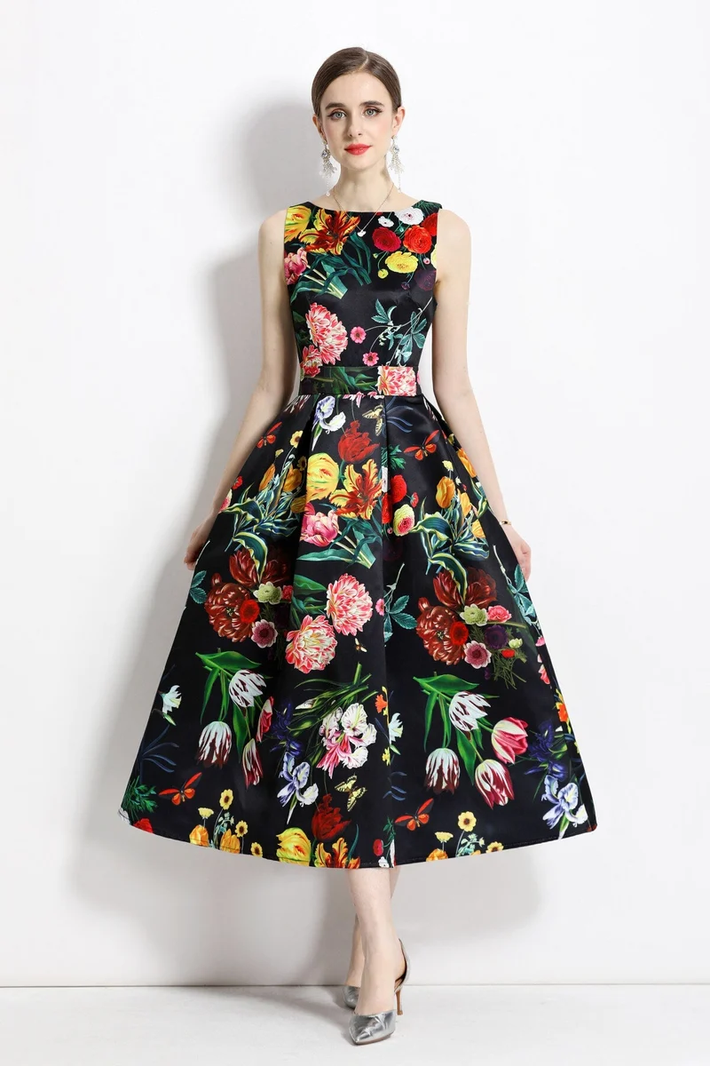 Blooming Garden Sleeveless Pleated A Line Tea Dress