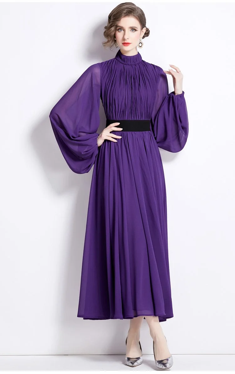 Cinched Waist Flowing Purple Chiffon Maxi Dress