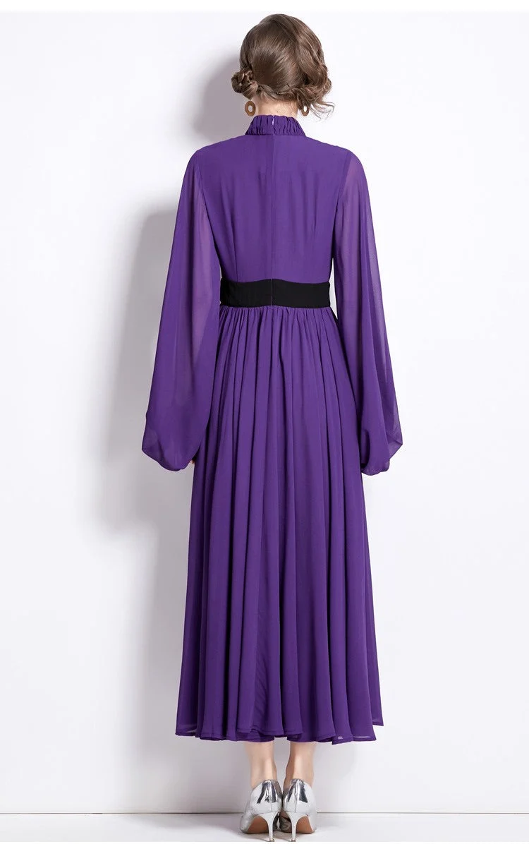 Cinched Waist Flowing Purple Chiffon Maxi Dress