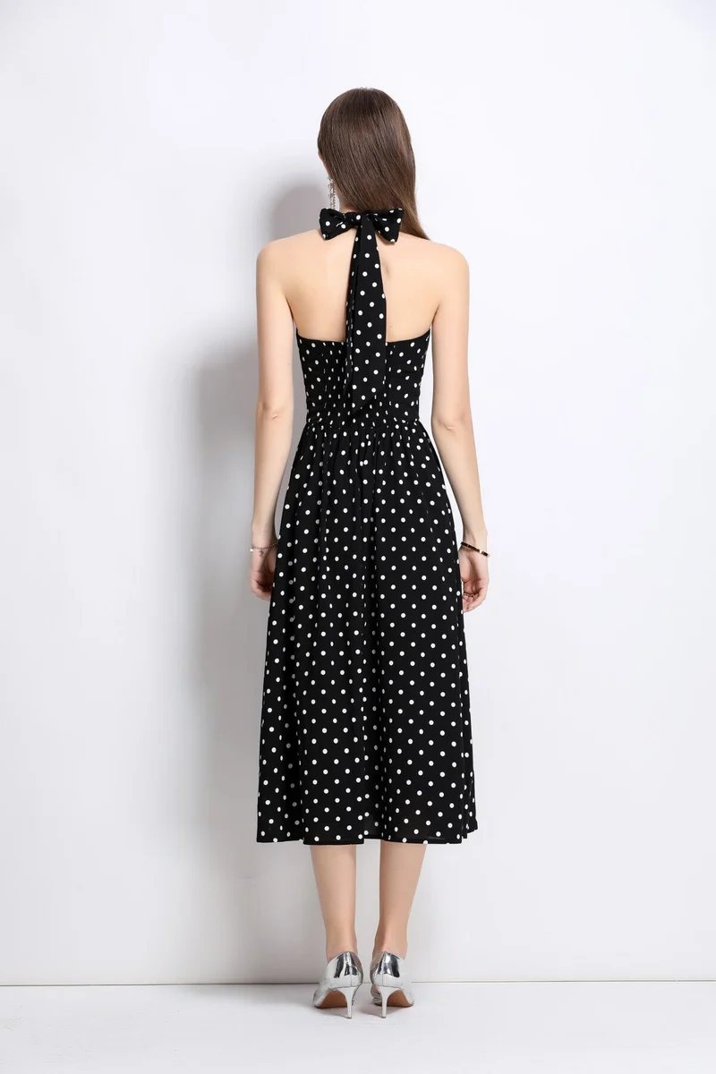 Vintage Halter Polka Dot Sleeveless Fitted Maxi Dress