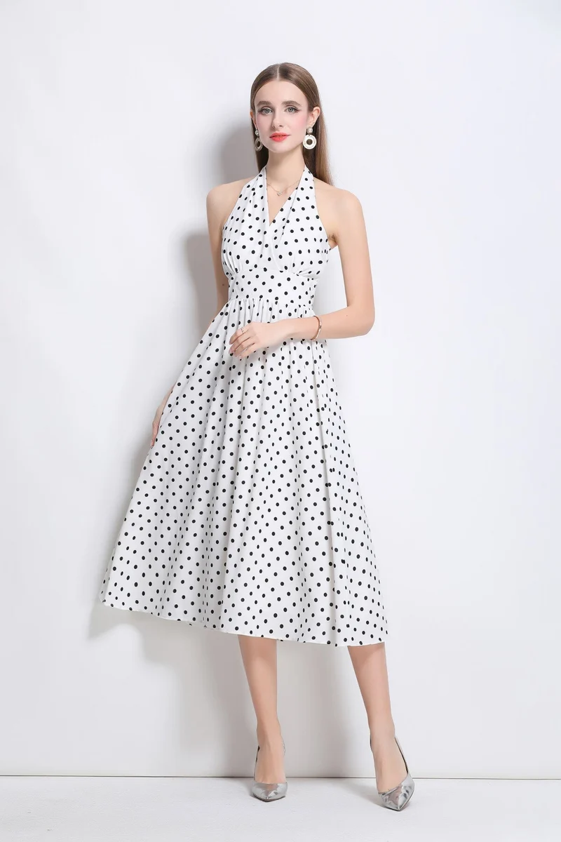 Vintage Halter Polka Dot Sleeveless Fitted Maxi Dress