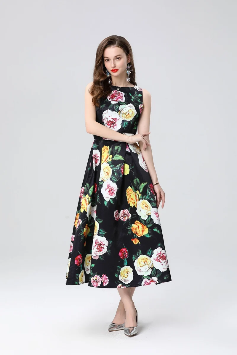 Garden Floral Structured Sleeveless High Waisted A Line Dress
