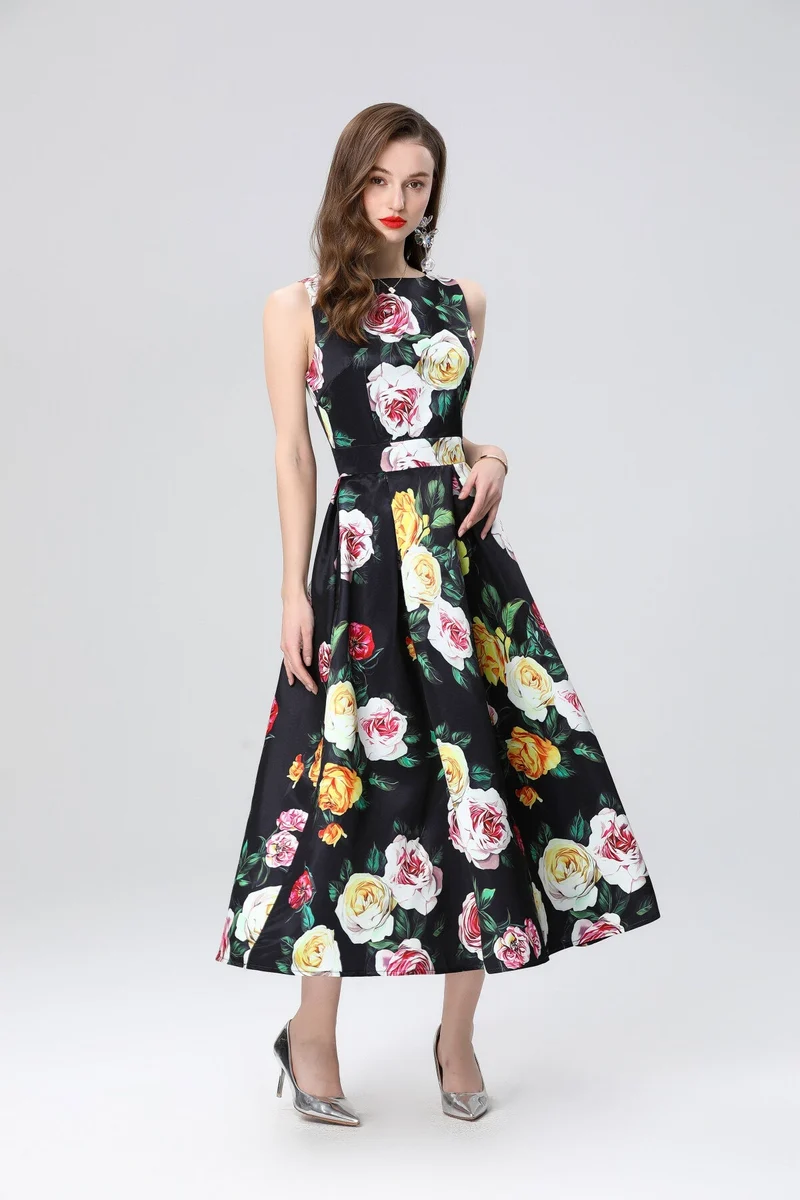 Garden Floral Structured Sleeveless High Waisted A Line Dress
