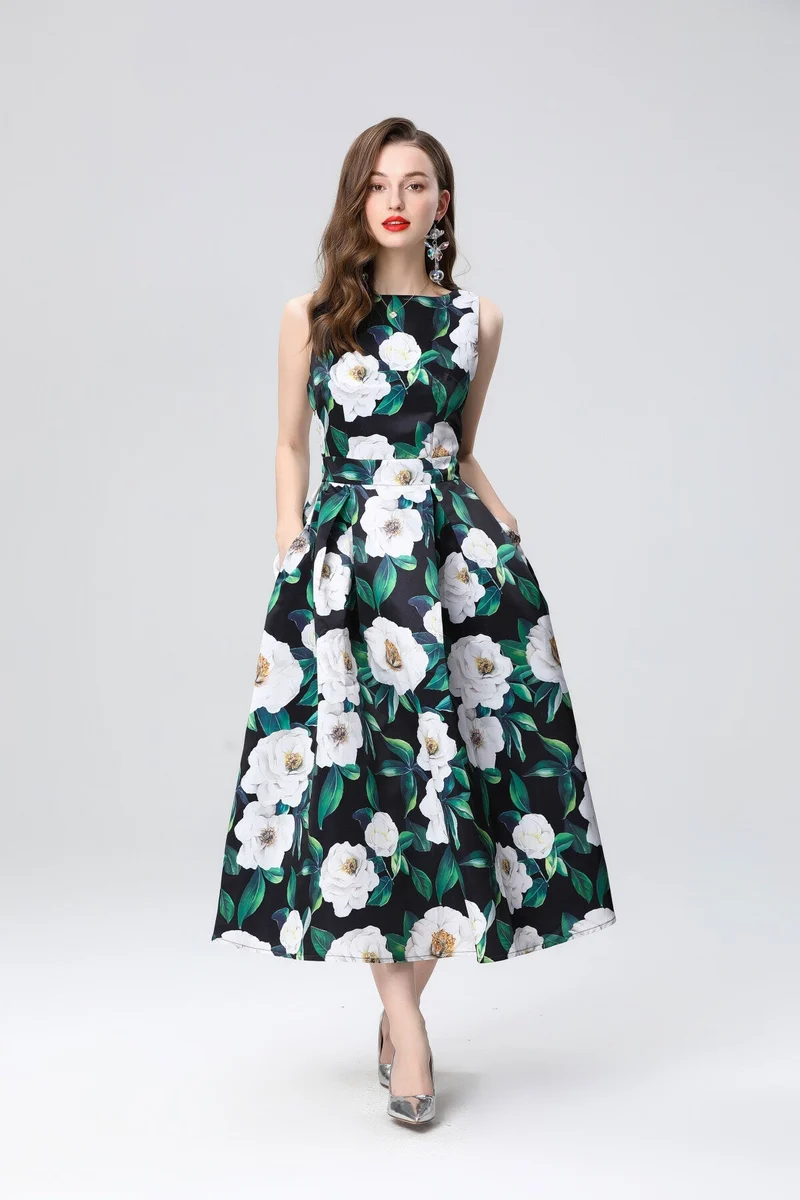 Garden Floral Structured Sleeveless High Waisted A Line Dress