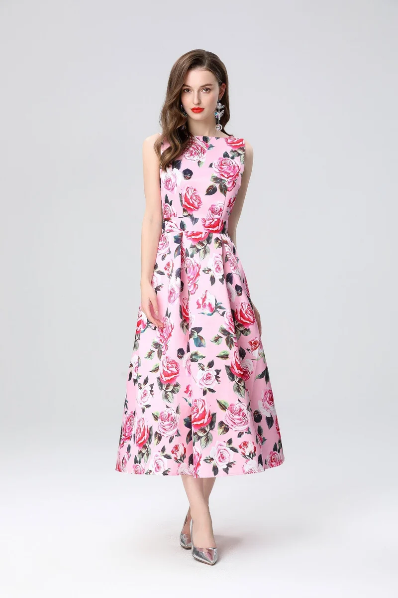 Garden Floral Structured Sleeveless High Waisted A Line Dress