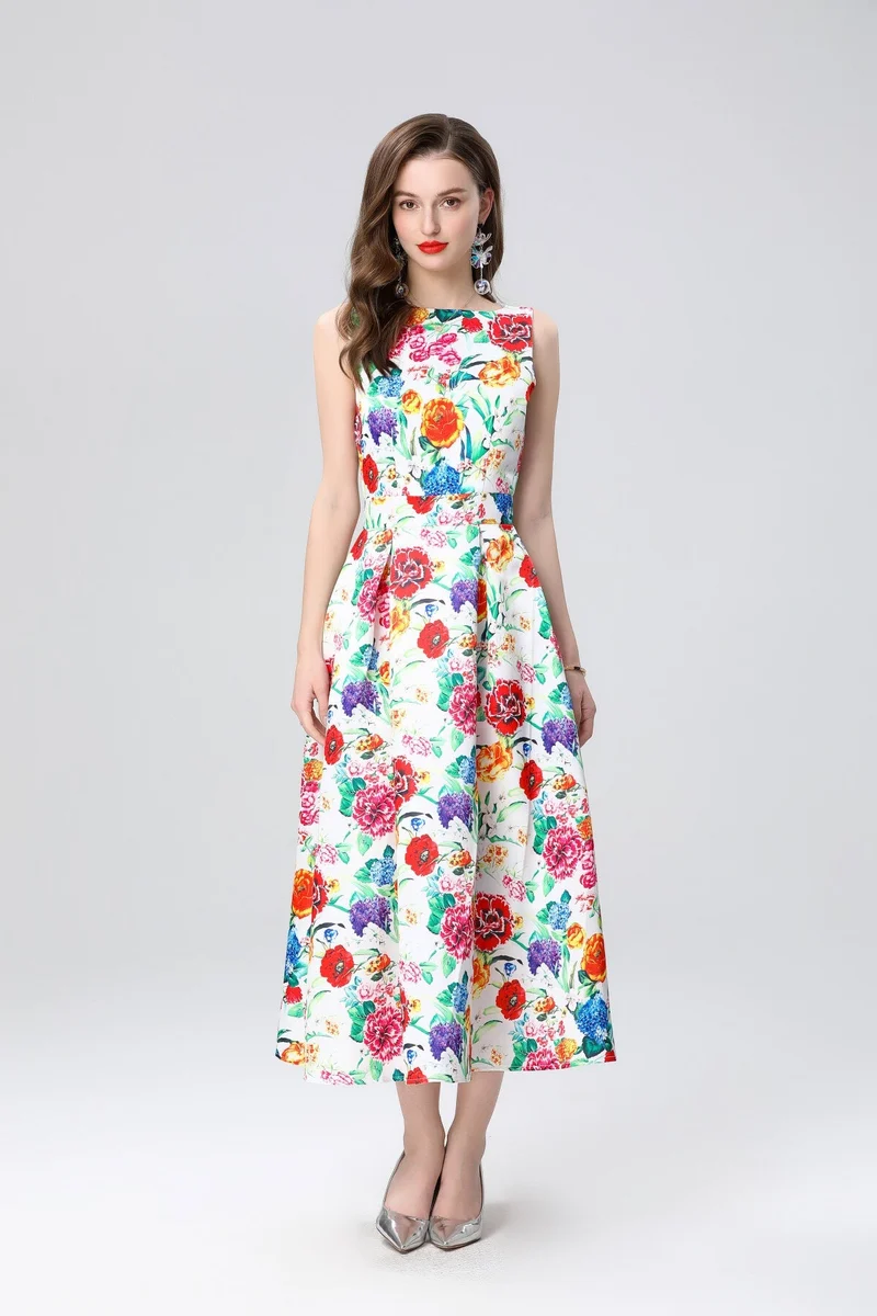 Garden Floral Structured Sleeveless High Waisted A Line Dress