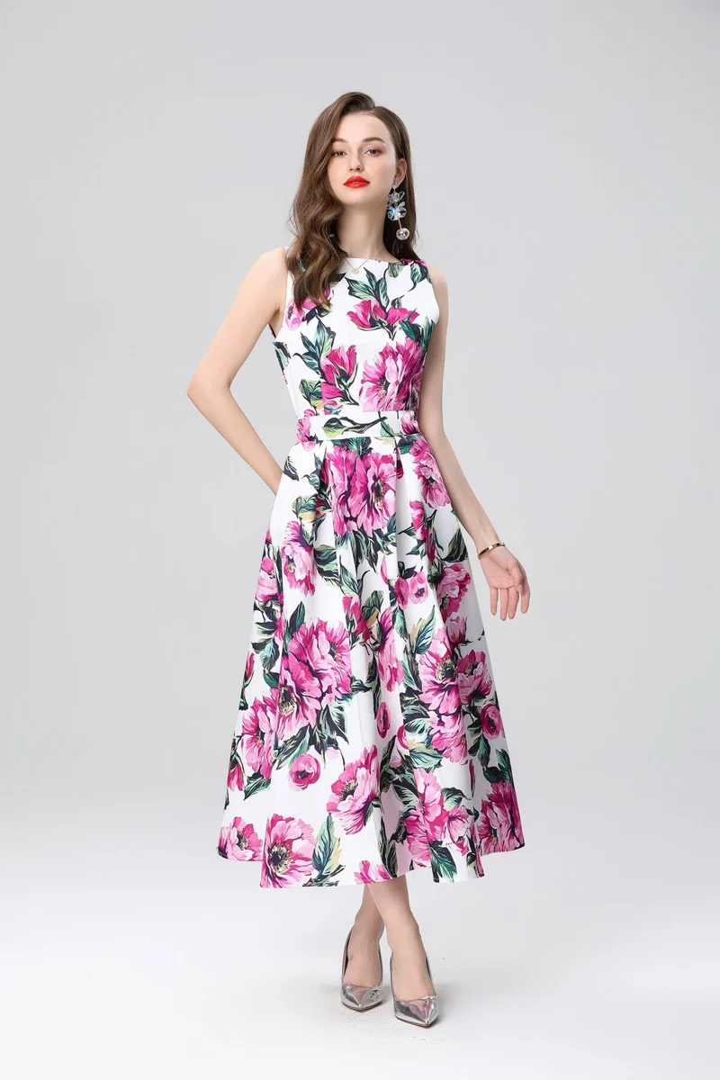 Garden Floral Structured Sleeveless High Waisted A Line Dress