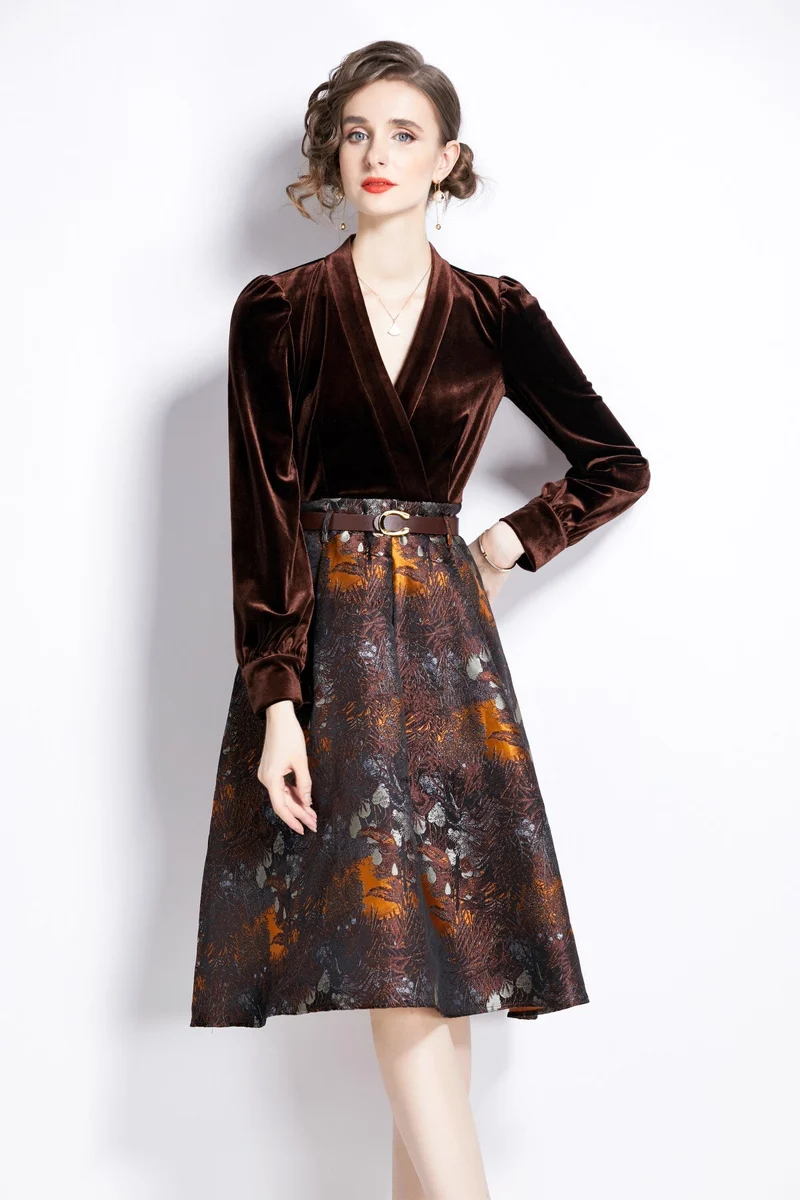 V Neck Velvet Patchwork Coffee Jacquard A Line Dress