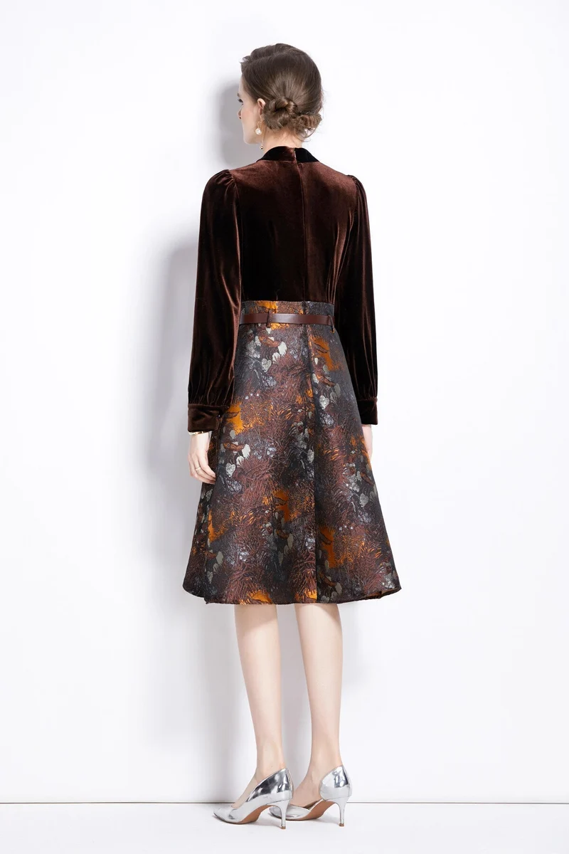 V Neck Velvet Patchwork Coffee Jacquard A Line Dress