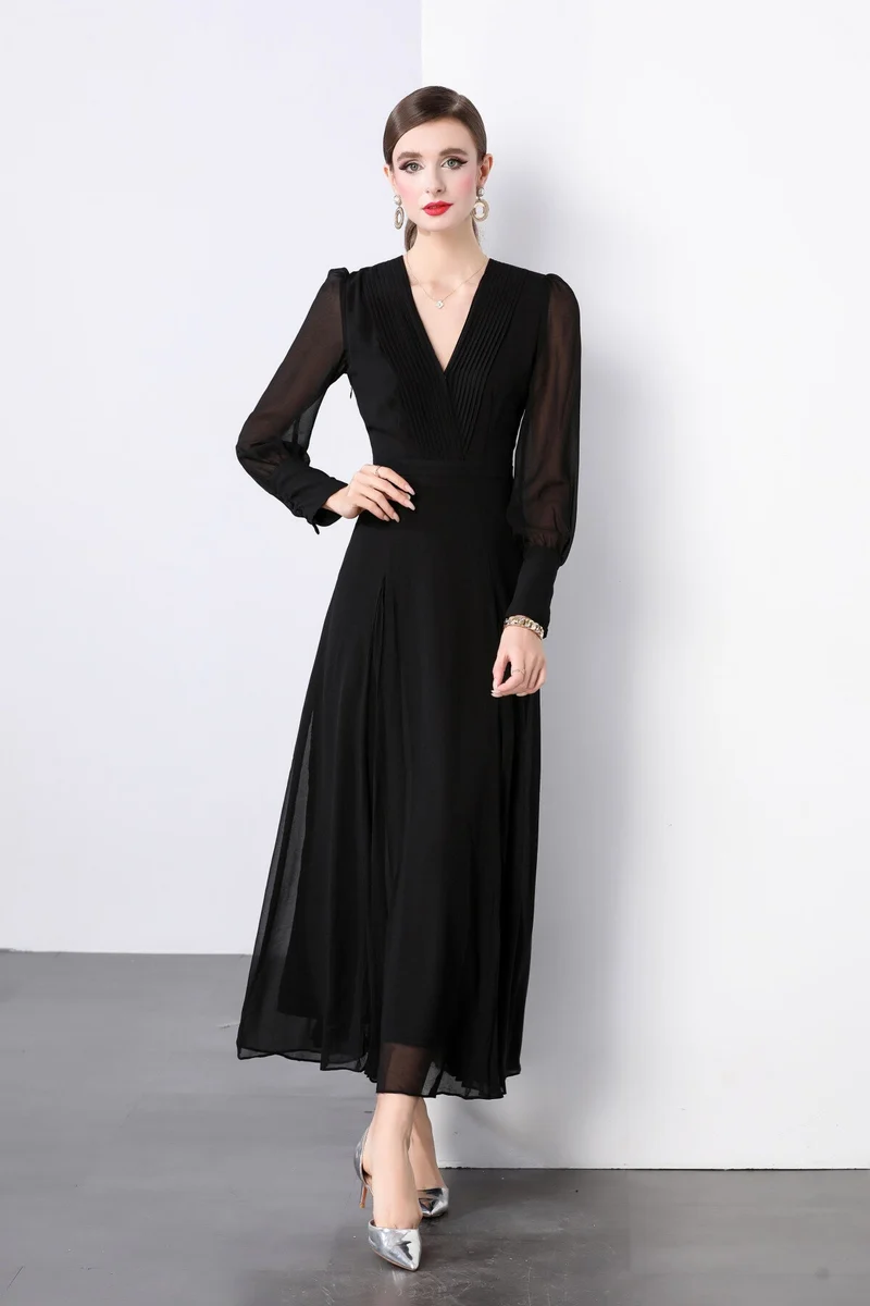 Midnight Black Long Sleeve Ruched Waist V Neck Maxi Dress