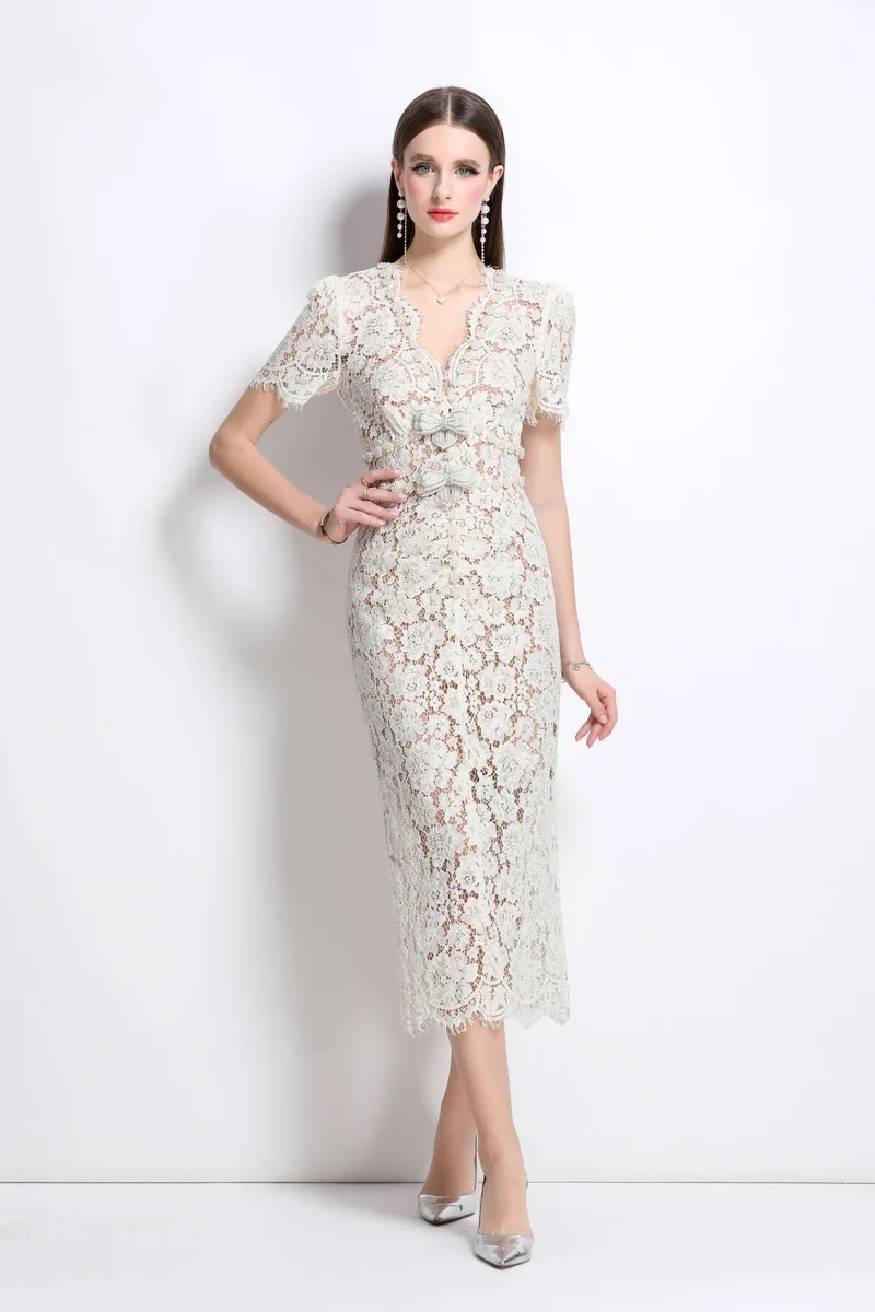 Magnolia White Double Layer Lace Cut Out Pencil Dress