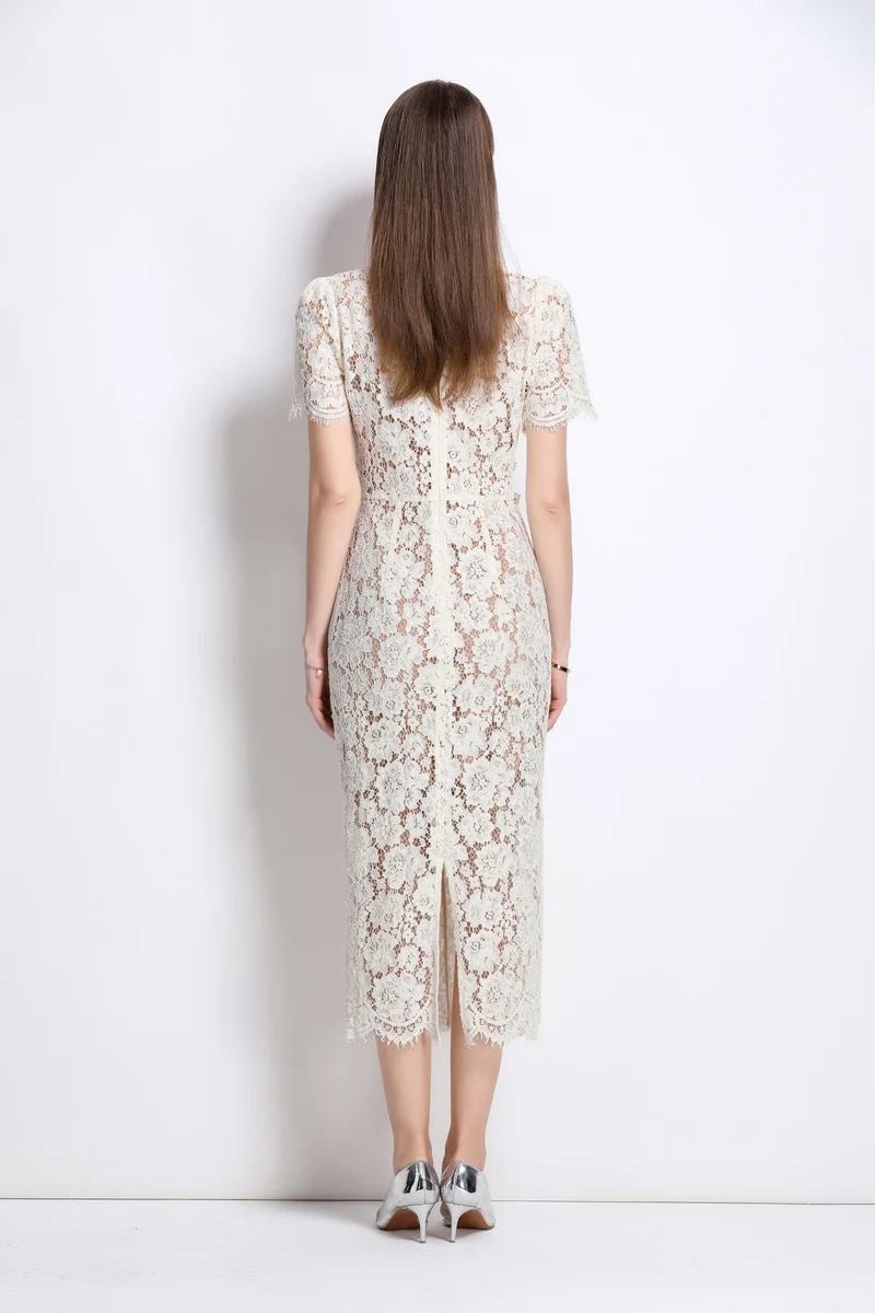 Magnolia White Double Layer Lace Cut Out Pencil Dress
