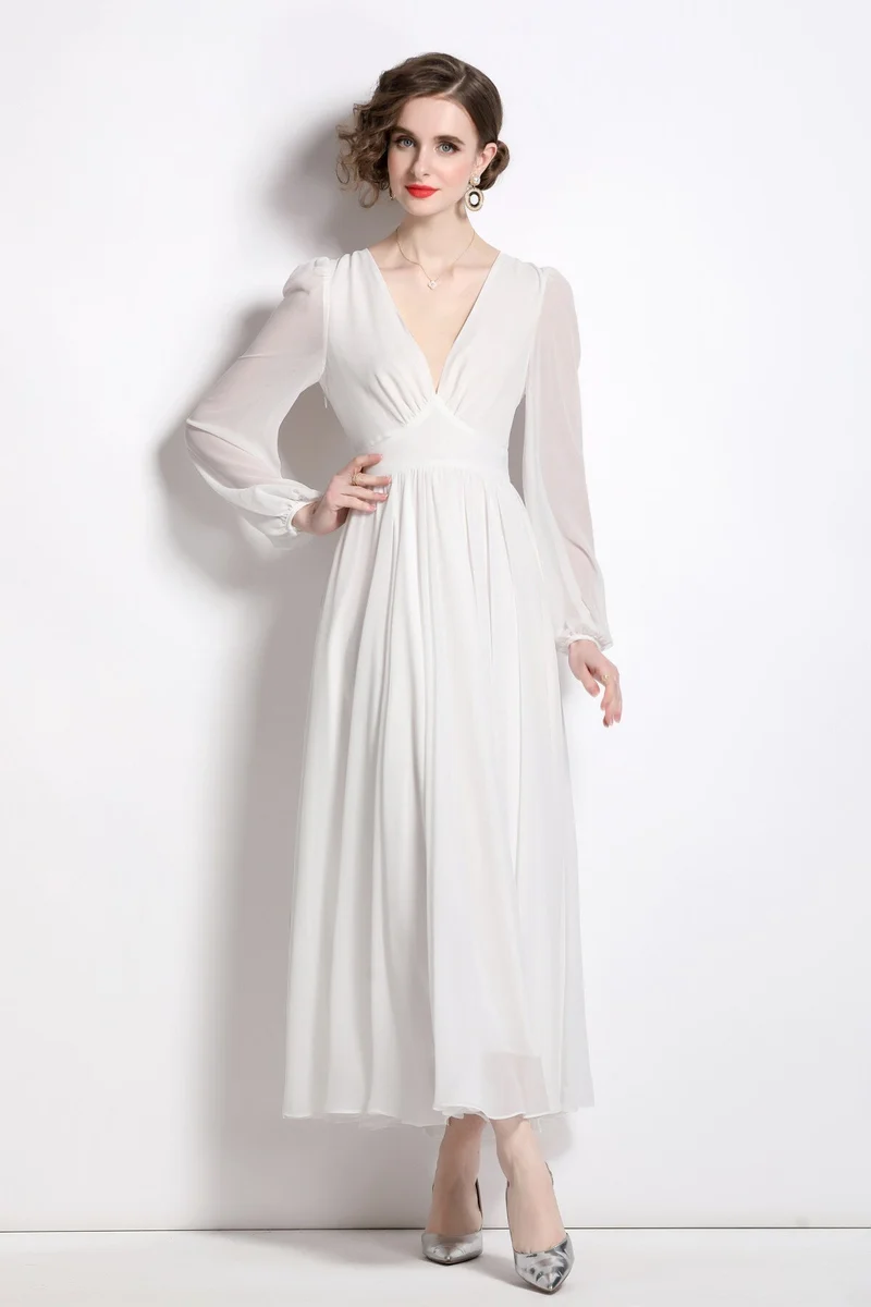 Dreamy White Long Sleeve V Neck Maxi Dress