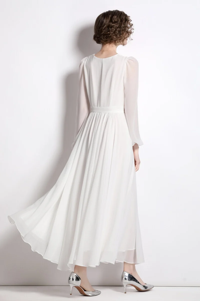 Dreamy White Long Sleeve V Neck Maxi Dress