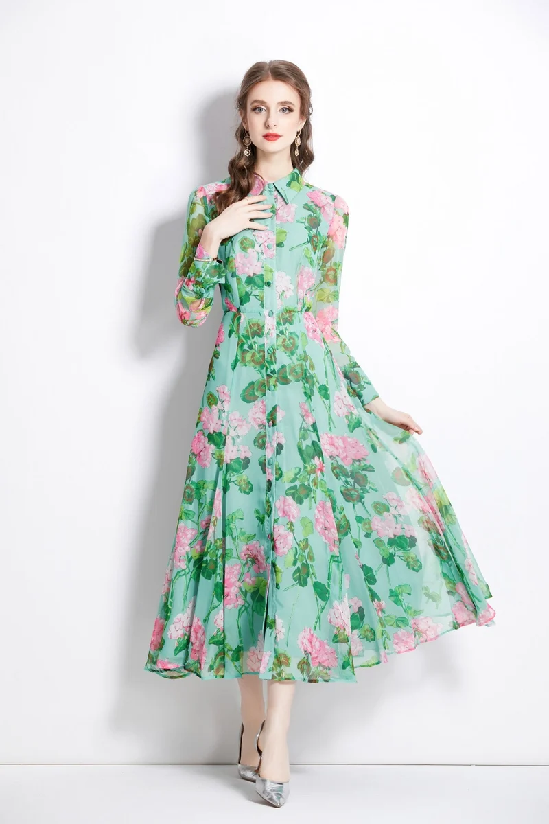 Floral Green Flared Waist Cinching LongSleeve Shirt Dress