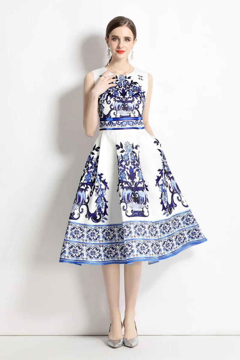 Oriental Printed Slim Fit Midi Dress