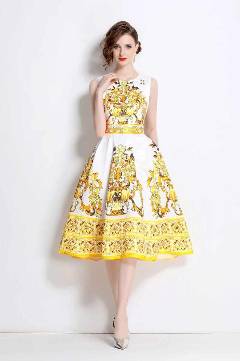 Oriental Printed Slim Fit Midi Dress