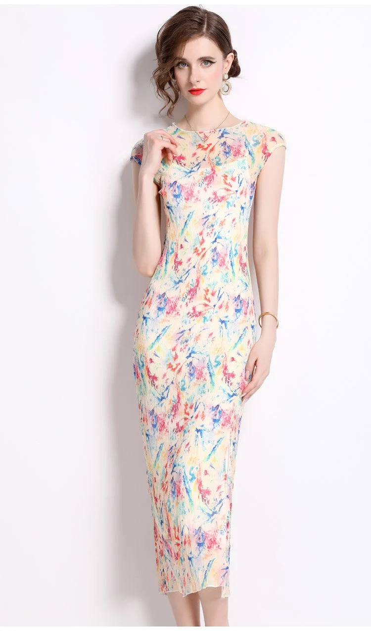 Short Sleeve Double Layer Sheer Rainbow See Through Dress