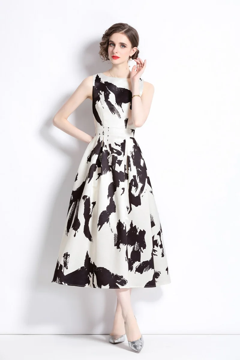 Vibrant Abstract Fitted Waist A Line Dress