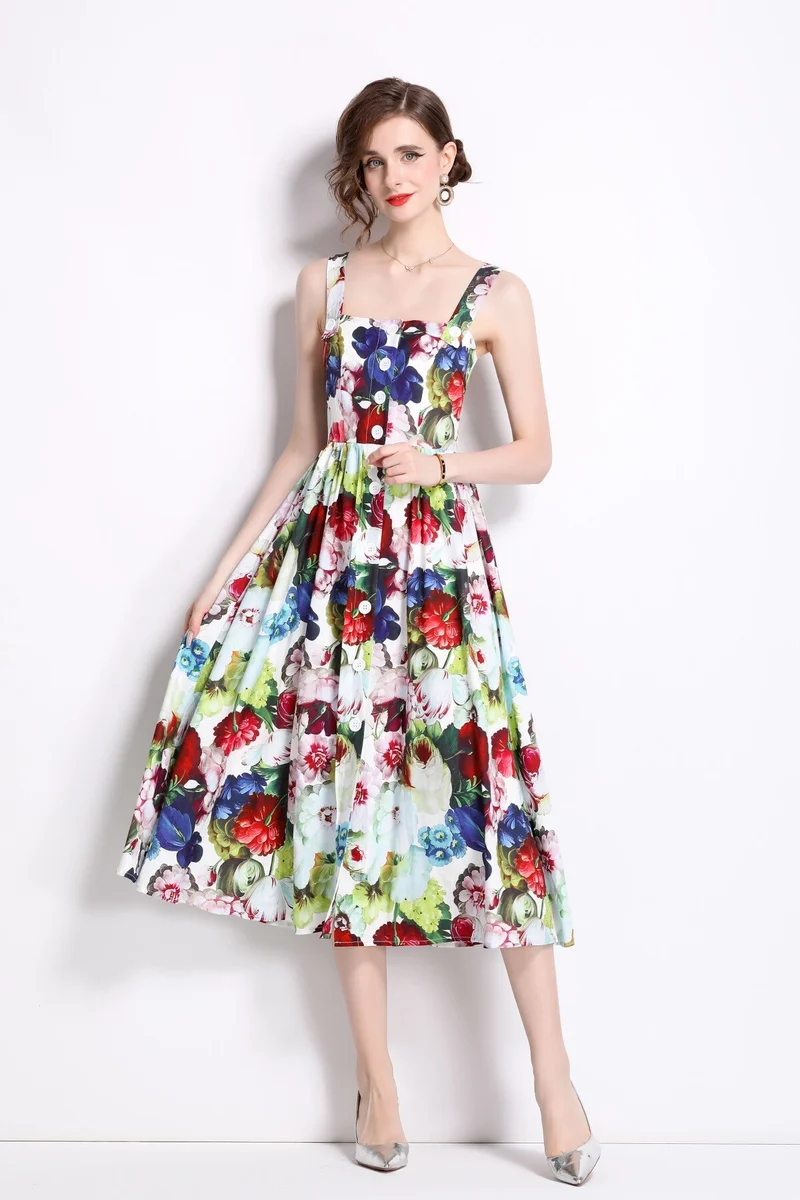 Carnival Thick Strap Flared Midi Dress
