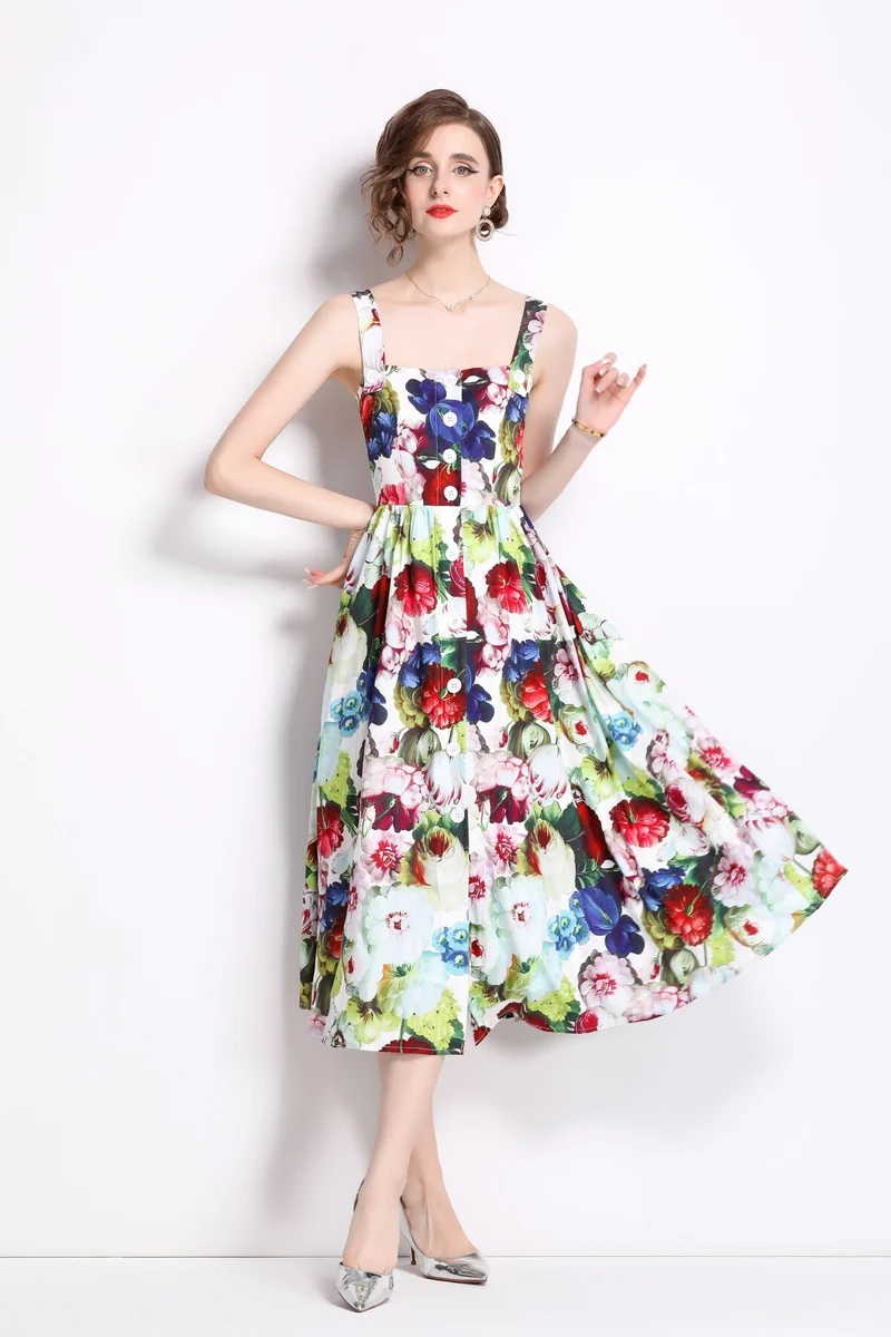 Carnival Thick Strap Flared Midi Dress