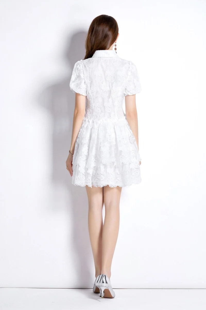 White Embroidered Puff Sleeve French Dress