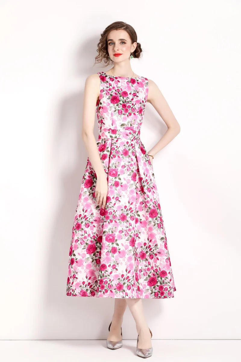 Floral Pink Sleeveless Midi Dress