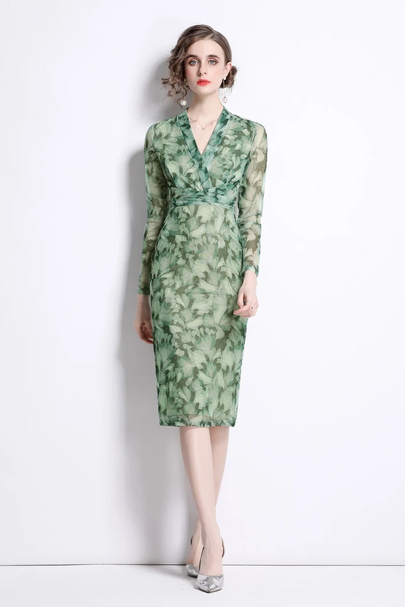Form Fitting V Neck Mesh Floral Green Tea Dress