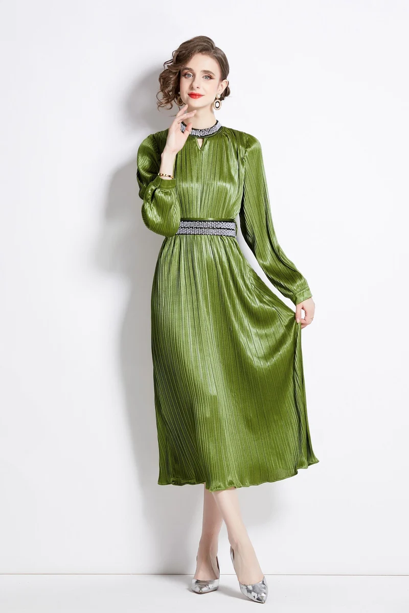 Lantern Sleeve Waist Tie Heavily Beaded Pleated Dress