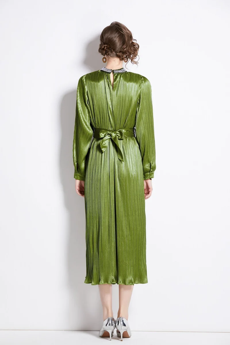 Lantern Sleeve Waist Tie Heavily Beaded Pleated Dress