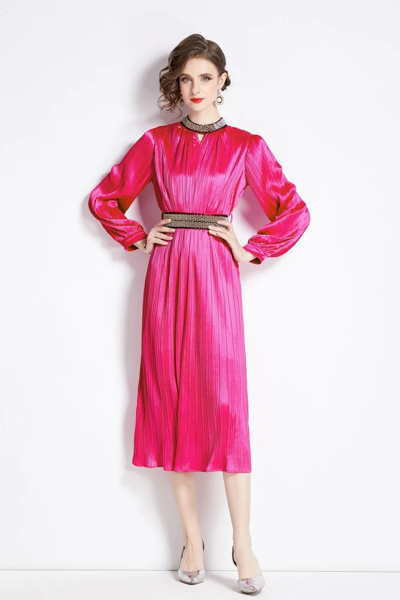 Lantern Sleeve Waist Tie Heavily Beaded Pleated Dress