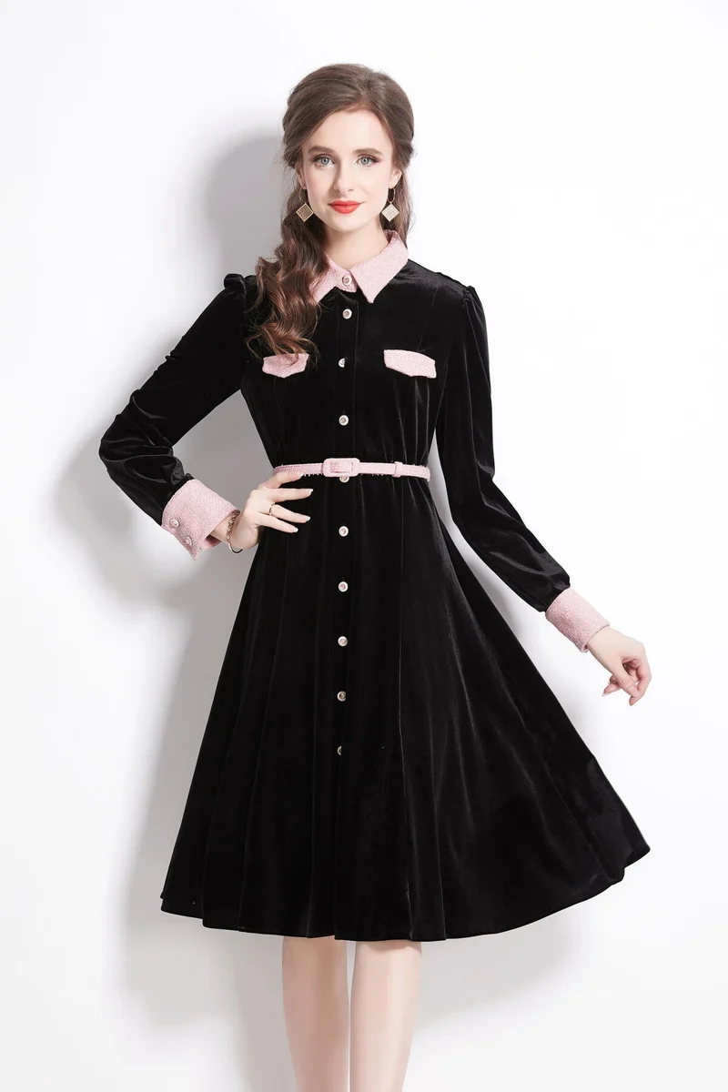 Velvet Slim Fit Black Polo Midi Dress