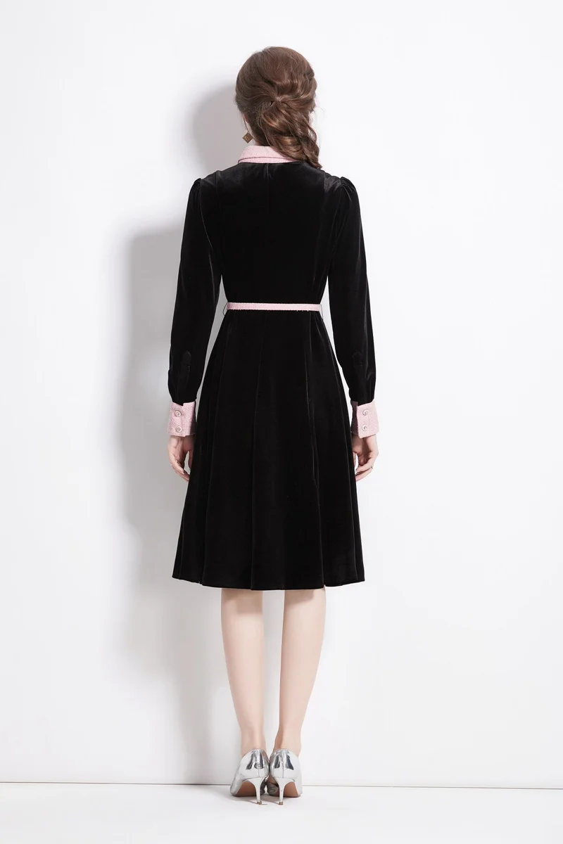 Velvet Slim Fit Black Polo Midi Dress
